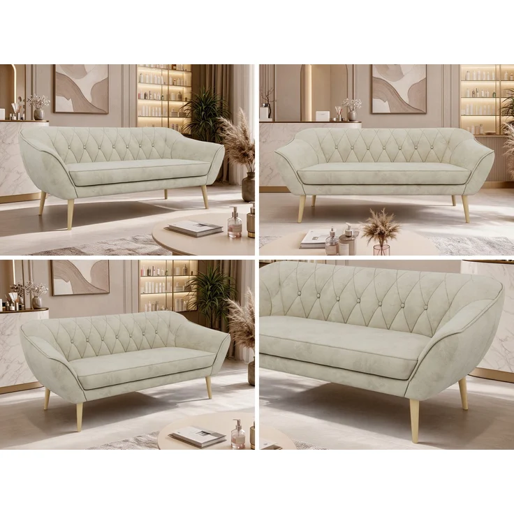 Sofa, Wohnzimmersofa PIRS 3, Skandinavisches Sofa 3-Sitzer, Sofa mit Wellenfederung, Buche Füße, Breite 180 cm Hoher Sitzkomfort - Beige Velvet – Bild 2