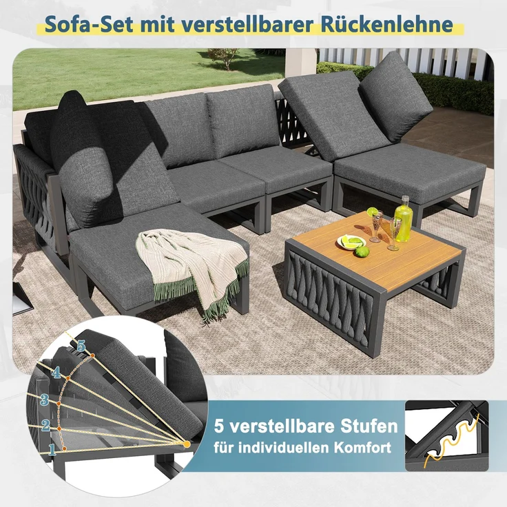Merax Gartenlounge-Set, 6-Sitzer Gartenmöbel Set, Garten Loungesessel für 6 Personen, Doppelliege für den Außenbereich, Verstellbarer Rückenlehnenwinkel, Grau – Bild 8