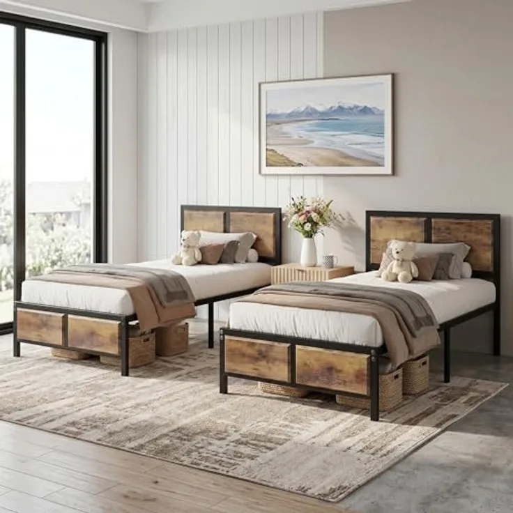 VECELO 2er-Set Bettgestell 90 x 200 cm, Einzelbett mit dickem Holzkopfteil und Metall-Lattenrost, Stauraum unter dem Bett, Stabiler Bettrahmen für Schlafzimmer, Vintage Braun