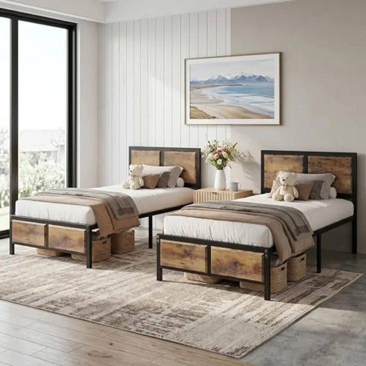VECELO 2er-Set Bettgestell 90 x 200 cm, Einzelbett mit dickem Holzkopfteil und Metall-Lattenrost, Stauraum unter dem Bett, Stabiler Bettrahmen für Schlafzimmer, Vintage Braun – Bild 1