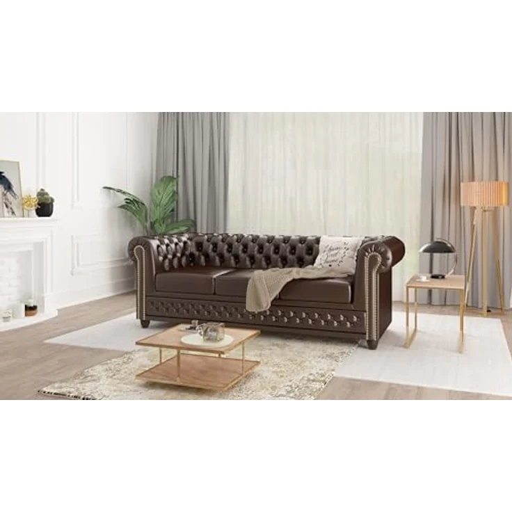 S-Style Möbel Chesterfield-Sofa Jeff 3-Sitzer aus veganem Leder mit Holzfüßen, mit Wellenfederung – Bild 3