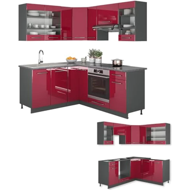 Vicco Eckküche Fame-Line, L-Form, Bordeaux/Anthrazit, Holzwerkstoff, 160x82x60 cm, ohne Geräte – Bild 8