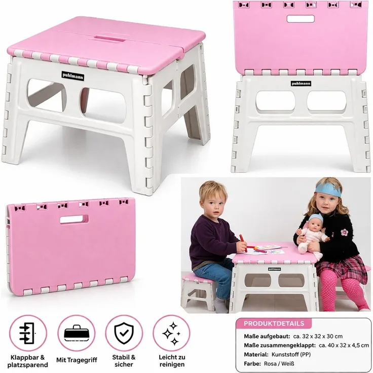 Klappbarer Kindertisch / Kinderhocker platzsparend & stabil Pink-Weiß