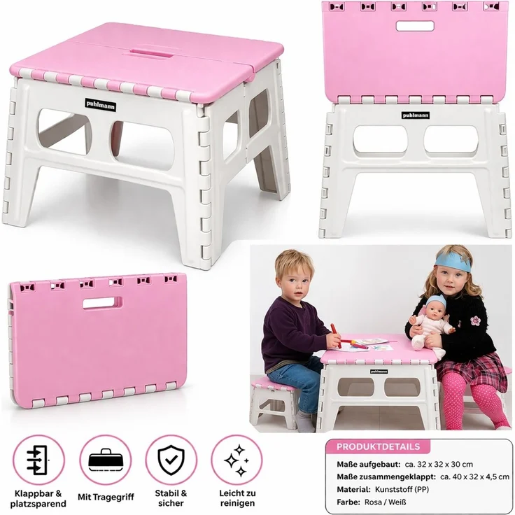 Klappbarer Kindertisch / Kinderhocker platzsparend & stabil Pink-Weiß