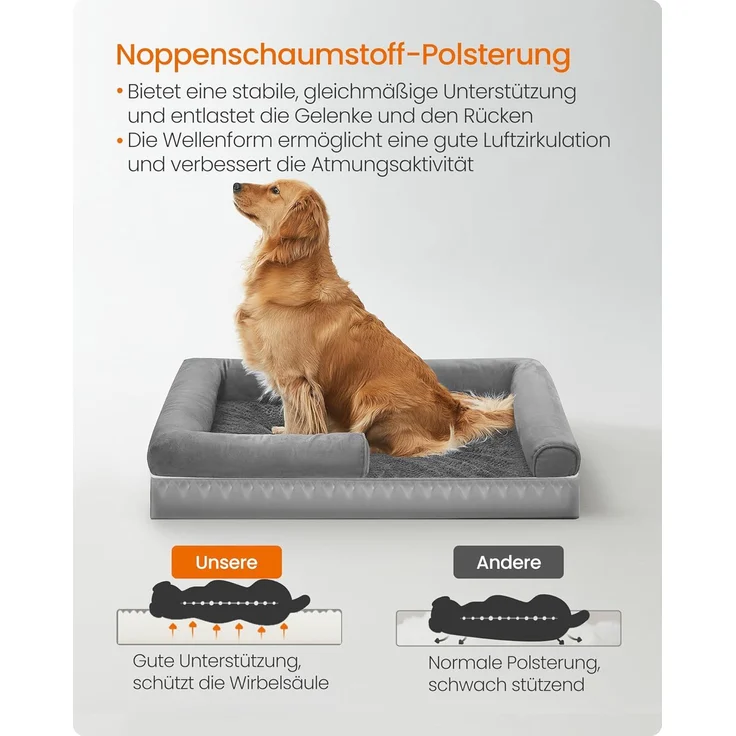 Feandrea Orthopädisches Hundebett, Hundekissen, Hundekorb, weiche Polsterung, Hundesofa, erhöhte Ränder, Bezug abnehmbar und waschbar, 106 x 80 x 20 cm, rutschfeste Unterseite, hellgrau PGW077G02 – Bild 3