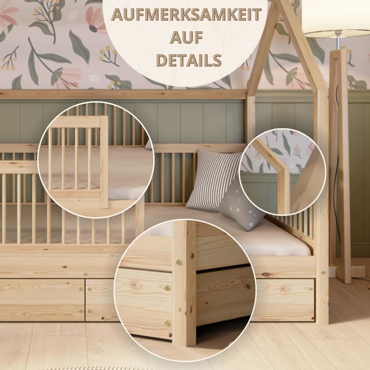 Crazy Pine 'Crazy Folly+' Hausbett mit hohem Rausfallschutz, Holz natur, 90x200 cm, mit Schublade – Bild 10