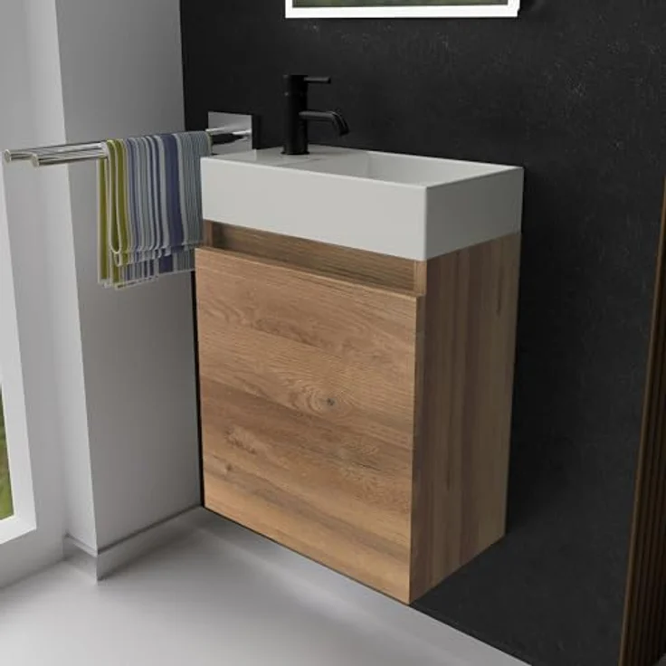 Alpenberger Badmöbel-Set Gäste WC Waschbecken mit Unterschrank - Badschrank Hängend, (Gäste WC Möbel Bamboo Farbe, Waschtisch mit Unterschrank Klein), Waschplätze für Kleine Bäder - Badschrank Hängend und Vormontiert – Bild 2
