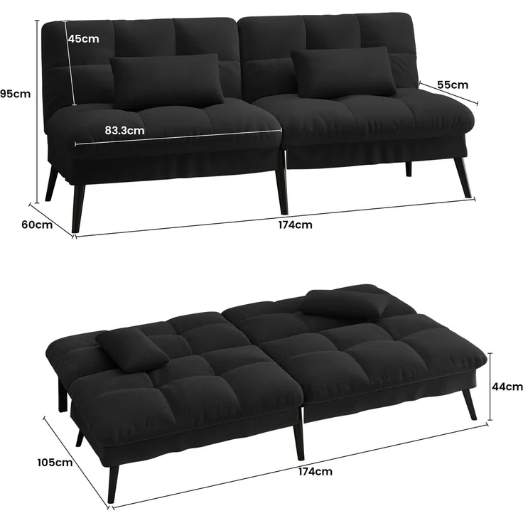 COMHOMA Sofa Schlafsofa mit Schlaffunktion, überzug Futon Klappsofa, Bettcouch, ecksofa, Couch Gästebett, 3-Sitzer Sofa, mit verstellbare Rückenlehne aus Stoff Schwarz – Bild 3
