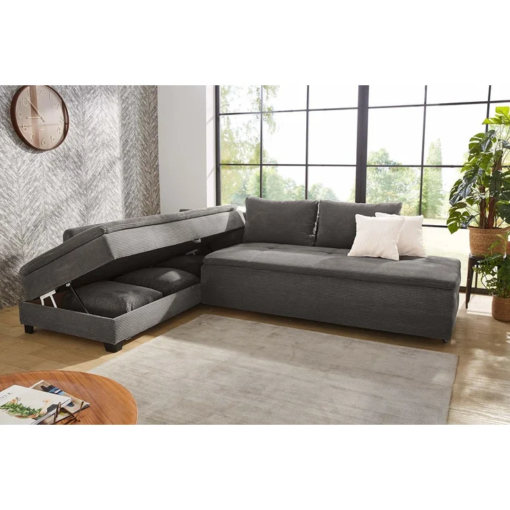 Ecksofa-Dauerschläfer Doppelbett Federkern Bettkasten Couch Cord Dunkelgrau – Bild 3
