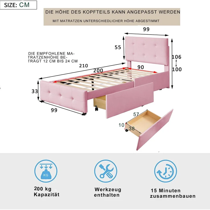 Merax Polsterbett 90 x 200 cm Bett mit Lattenrost, Rückenlehne und zwei Schubladen, hautfreundlicher Samtstoff Beige flaches Gästebett (Rosa) – Bild 5