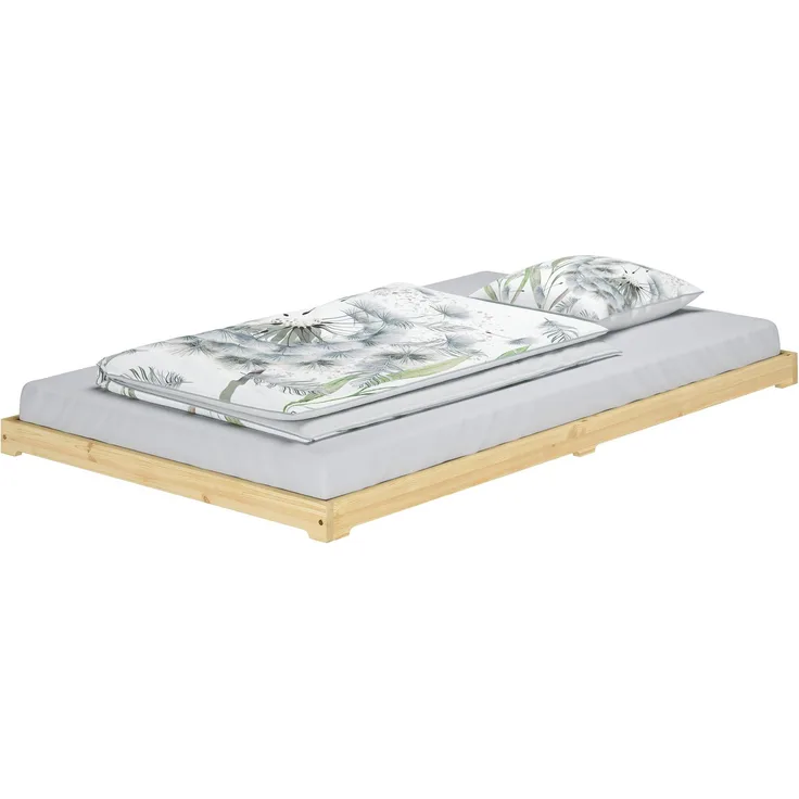 Stabiles Gästebett extra niedriges Bettrahmen Futonbett 120x200 Kiefer klar lackiert V-60.47K-12Rollrost und Matratze inkl.