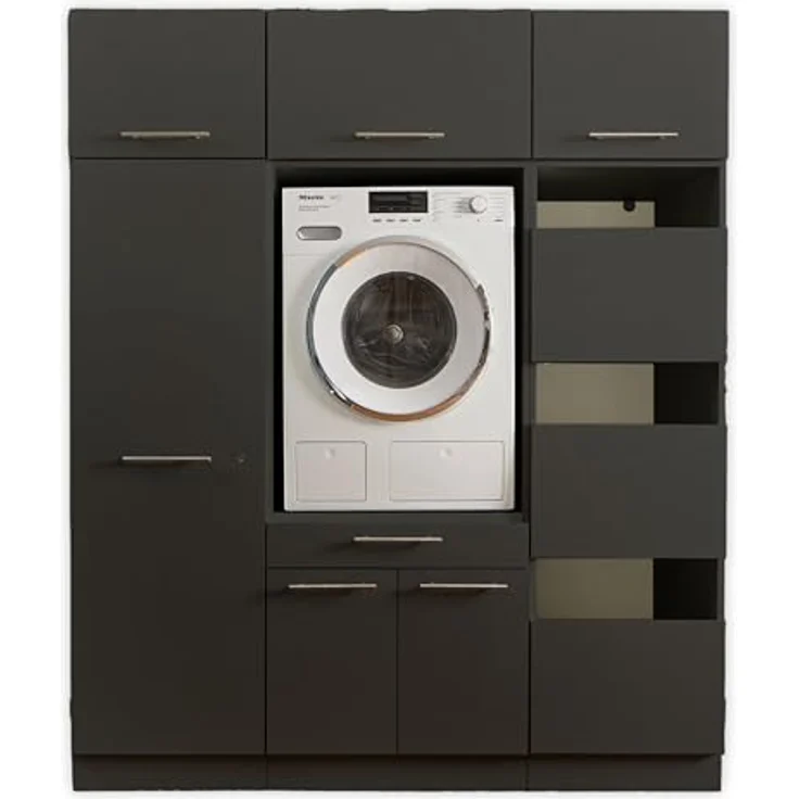 Laundreezy Waschmaschinenschrank und Mehrzweckschrank, Weiß-Waschmaschinen-Überbauschrank TÜV-Zertifiziert mit viel Stauraum, Holzwerkstoff, Anthrazit, Kombi 10 – Bild 6
