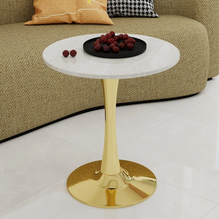 Novelux Runder Kaffeetisch Gold 70cm, Marmortisch Rund Weiß, Mid-Century Modern Esstisch für 2-4 Personen, Platzsparender Wohnzimmertisch – Bild 9