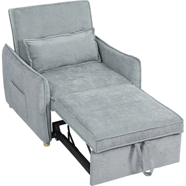 3-in-1-Schlafsessel mit verstellbarer Rückenlehne und Kissen, Chenille-Bezug, 88 x 84 x 87 cm, Grau – Bild 2