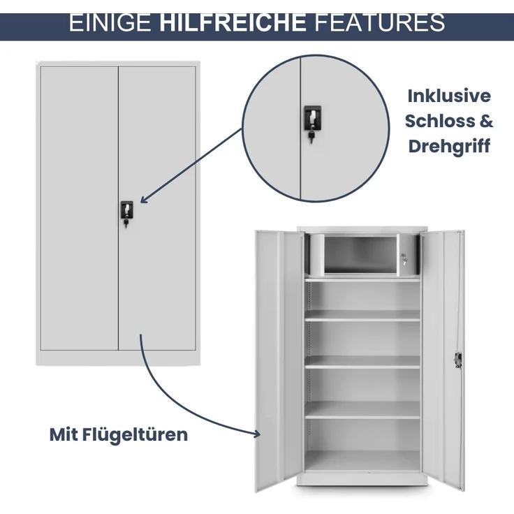 Metallschrank abschließbar KODLI - Geheimfach, 4 Ebenen | Aktenschrank Büroschrank Stahl Mehrzweckschrank Werkstatt Werkzeugschrank, 185x90x45cm Grau – Bild 5
