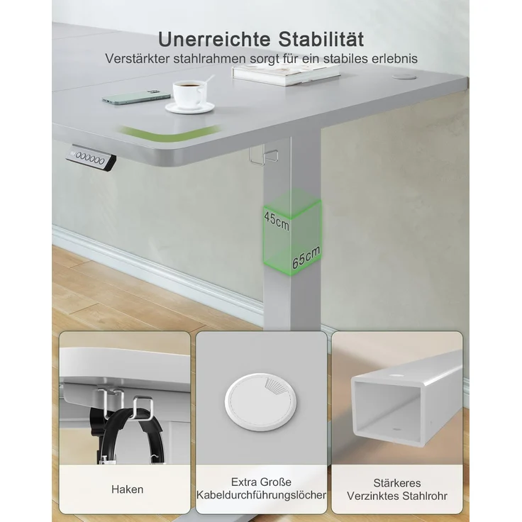 JUMMICO Schreibtisch elektrisch höhenverstellbar mit USB-Ladeanschluss, Grau, 120x60 cm – Bild 5