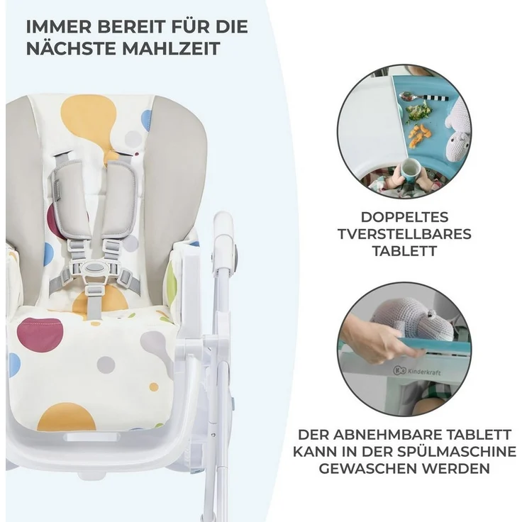 Kinderkraft Hochstuhl 'YUMMY' Multi, 5-Punkt-Gurt, rutschfeste Stuhlbeinkappen, höhenverstellbar, inkl. abnehmbares Essbrett – Bild 3