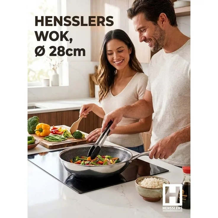 HENSSLERS Wok Premium, Pfanne 28 cm, inklusive Grillzange, Edelstahl (Set, 2-tlg)