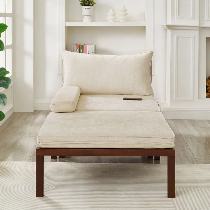 Schlafsessel, Samt, ausziehbar mit USB-Anschluss Typ C, 176cm×82cm×79cm, Beige – Bild 3