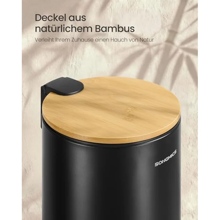 SONGMICS Kosmetikeimer, Mülleimer Bad, mit Deckel aus Bambus, Tretmülleimer mit Metallpedal, Inneneimer herausnehmbar, Softclose, für Badezimmer, 3 Liter, tintenschwarz LTB113BZ01 – Bild 7