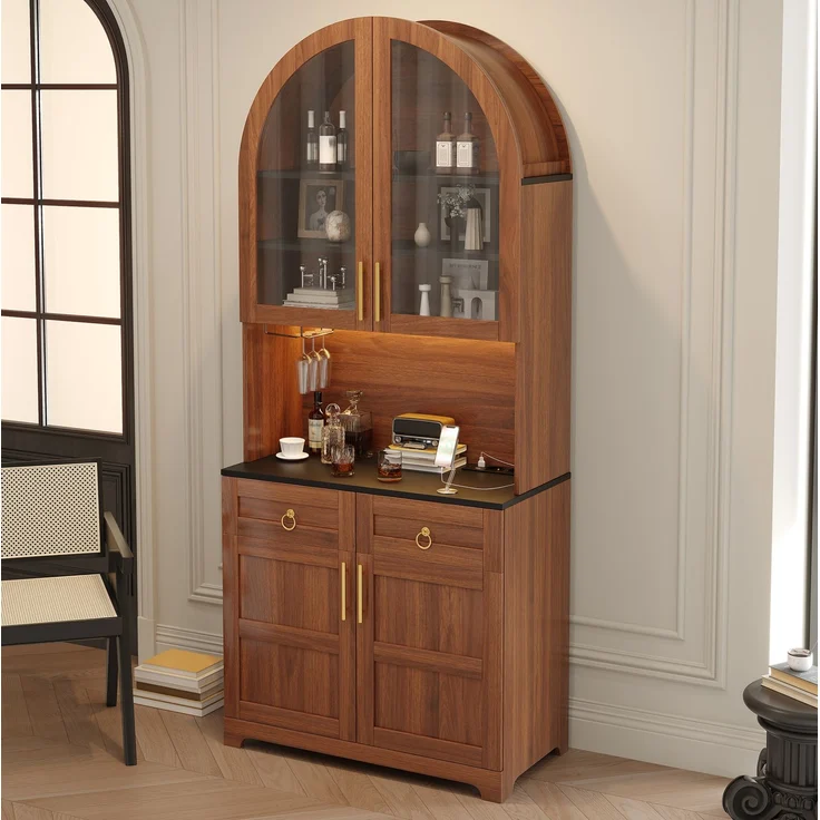 Sideboard 80 x 40 x 180 cm in Nussbaum mit Glasvitrine, Arbeitsfläche und LED-Beleuchtung – Bild 3