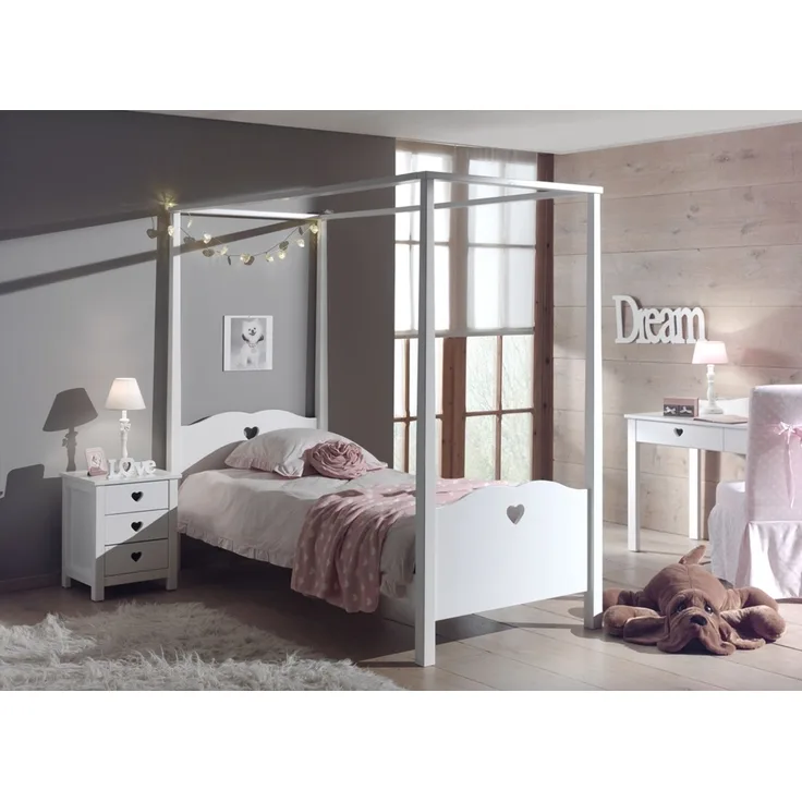Amori Set best. aus Himmelbett 90 x 200 cm und Nachtkonsole, Ausf. MDF weiß lackiert