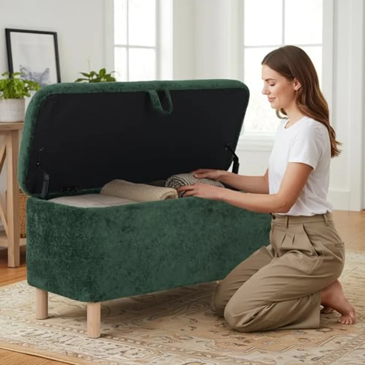 COLAMY Große Ottomane Aufbewahrungsbox für 80L, Ottomane Aufbewahrungsbank aus Holz mit rutschfesten Polstern und Klappdeckel, Fußhocker für Wohnzimmer, Schlafzimmer, Grün – Bild 9