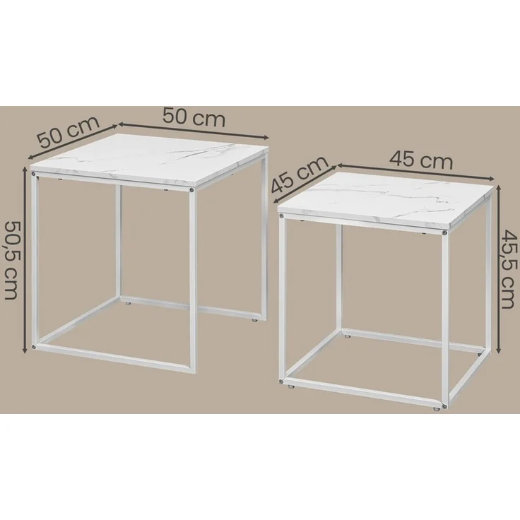 Home Collective Couchtisch 2er Set Beistelltisch Loft Design 2in1 Verschachtelung Wohnzimmer, kratzfeste Oberfläche 50cm & 45cm Weiß Marmor Optik mit Weißen Beinen – Bild 3