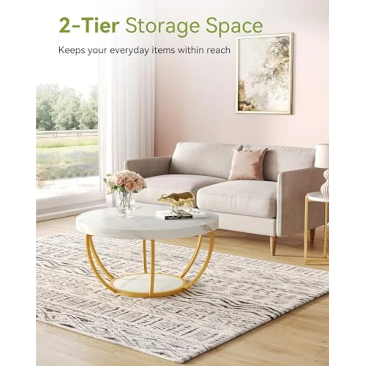 LITTLE TREE Runder Couchtisch, 81,3 cm, runder Couchtisch aus Kunstmarmor, für Wohnzimmer, 2-stöckige goldene Metallbeine, Akzent-Mitteltisch mit offenem Stauraum, modernes Design, Wohnmöbel (Weiß und – Bild 4