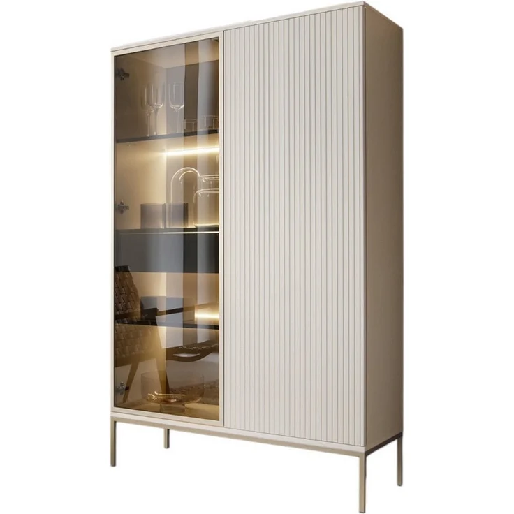 Compleo Vitrine LINO Standvitrine mit Schublade, Fronten gefräst, Modern Wohnzimmer – Bild 1