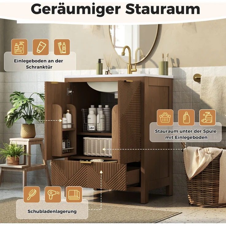 Freistehender Badschrank mit Keramikwaschbecken, B 61 x T 47 x H 87 cm, MDF in Walnussoptik – Bild 5