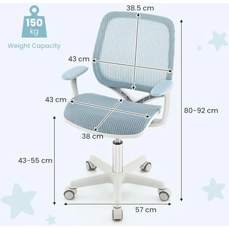 FANTASK Schreibtischstuhl Kinder, Schreibtisch Höhenverstellbar 43-55cm, 360° Drehstuhl mit Rückenlehne & Armlehnen & Rädern, Bürostuhl Ergonomisch für Kinder 6-15 Jahre (Blau) – Bild 4