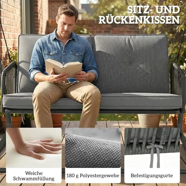Outsunny Hollywoodschaukel mit Verstellbarem Sonnendach, weichem Kissen, A-Rahmen, 2-Sitzer, verstellbares Dach, Schaukelbank, geeignet für 2 Personen, Gartenschaukel, 3 tlg, 2-Sitzer Schaukelbank, für Garten Terrasse 150 x 128 x 168 cm Dunkelgrau – Bild 5
