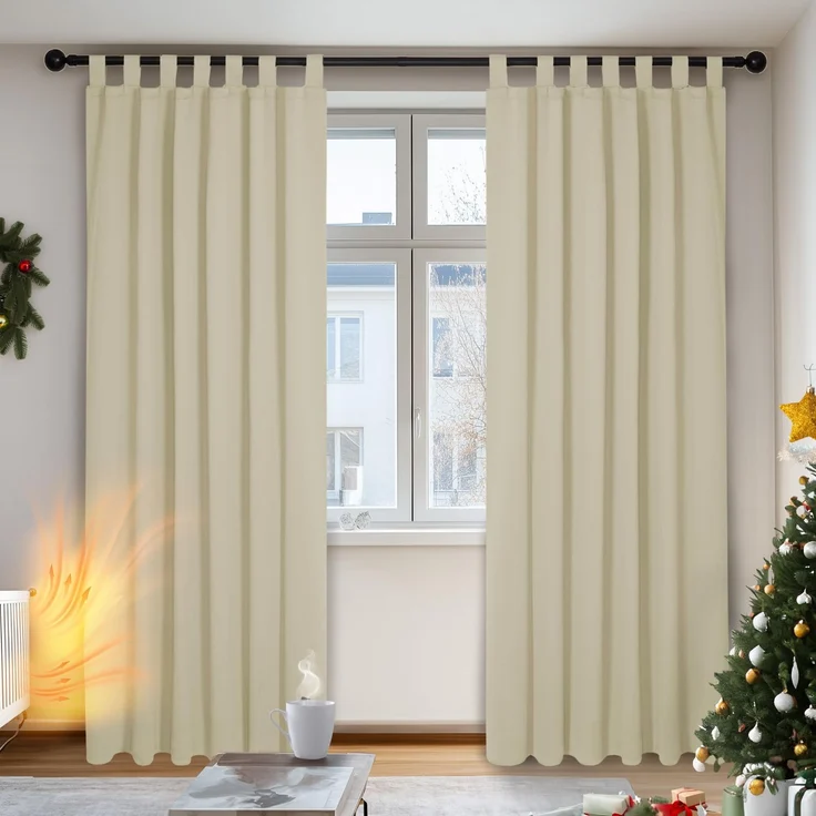 Deconovo Verdunkelungsvorhang Blickdicht Thermogardine Kälteschutz Schlaufen, 200x140 cm(HöhexBreite), Beige, 2er Set