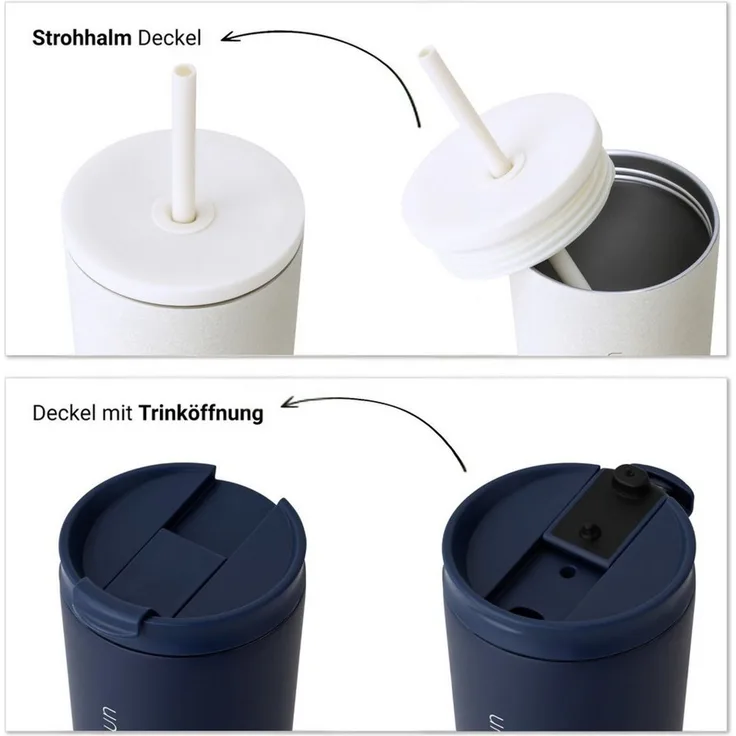 Vinsun Thermobecher Edelstahl Becher mit Strohhalm 480ml - Isolierbecher auslaufsicher, 4-tlg, Edelstahl, Doppelwandig isoliert, BPA frei, bruchfest, Kalt- und Heißgetränke