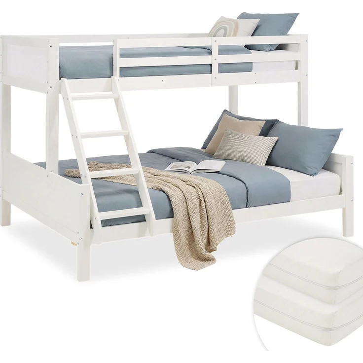 Etagenbett 90x200 und 140x200 mit Matratzen Kinder Jugendbett Hochbett Weiß Holz inklusive Matratzen – Bild 2