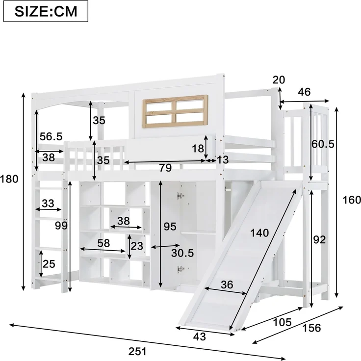 Merax Etagenbett, Kinderbett, mit Fallschutzgitter, mit Kinderrutsche und Kleiderschrank, Reichlich Stauraum, Mit vierstufiger Leiter, Kiefer+MDF+Sperrholz, Weiß, 90x200cm – Bild 4