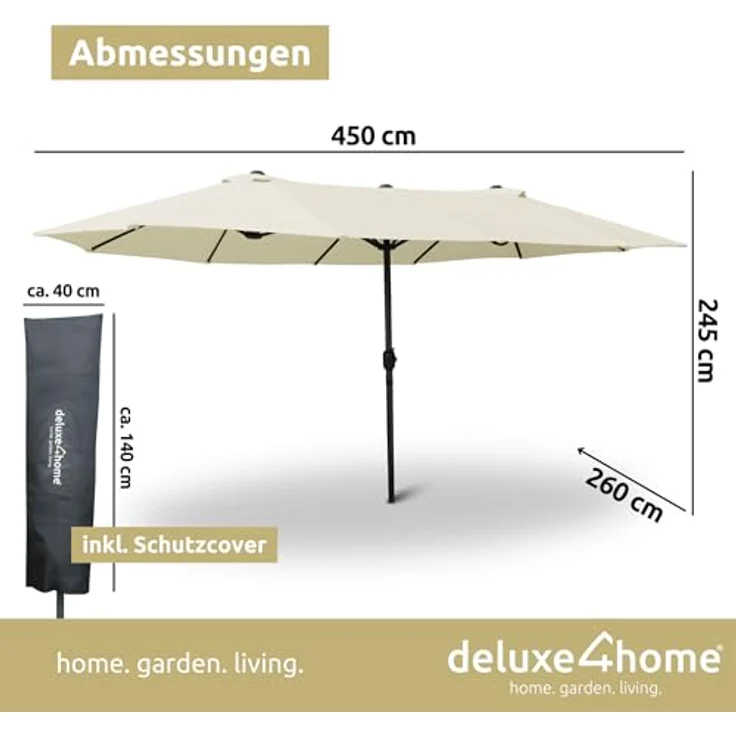 deluxe4home XXL Doppelsonnenschirm 450cm x 260cm, faltbar mit Handkurbel, Creme – Bild 6