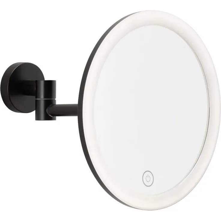 tesa Schminkspiegel Visioon Kosmetikspiegel mit Beleuchtung, Montage ohne Bohren, Schwarz (Komplett-Set, 1-St, Make-Up-Spiegel mit Schwenkarm, USB-C-Ladekabel, Power. Kit Klebelösung), Wandspiegel mit dimmbaren LEDs, 5-fach Vergrößerung, Touch-Bedienung