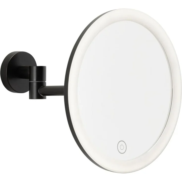 tesa Schminkspiegel Visioon Kosmetikspiegel mit Beleuchtung, Montage ohne Bohren, Schwarz (Komplett-Set, 1-St, Make-Up-Spiegel mit Schwenkarm, USB-C-Ladekabel, Power. Kit Klebelösung), Wandspiegel mit dimmbaren LEDs, 5-fach Vergrößerung, Touch-Bedienung