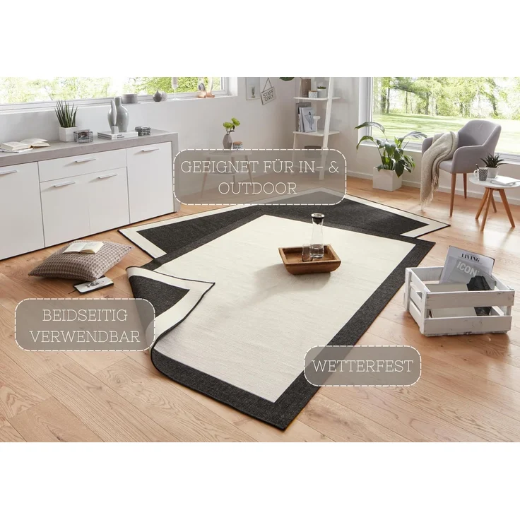 NORTHRUGS In- und Outdoor Teppich Panama 200x290cm - Wendeteppich Wetterfest Modernes Uni Design mit Bordüre Läufer für Balkon Terrasse Garten Wintergarten Wohnzimmerteppich Wasserfest, Schwarz Creme – Bild 3