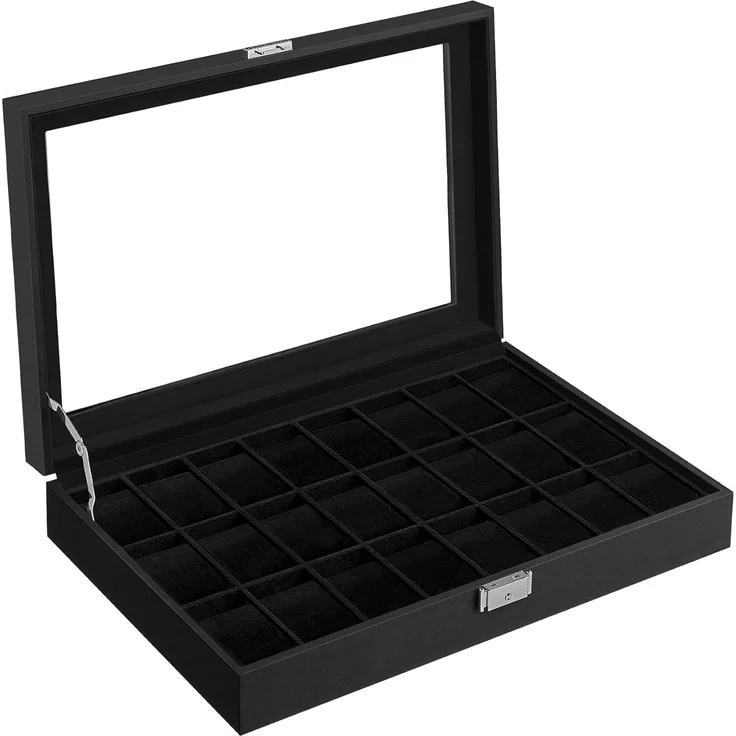 SONGMICS Uhrenbox, abschließbarer Uhrenkasten, Uhrenkoffer, Organizer für Uhren, mit 24 Fächern, Glasdeckel, Geschenk für die Liebsten, PU-Bezug in Tintenschwarz, Samtfutter in Tintenschwarz JWBDE024B02 – Bild 1