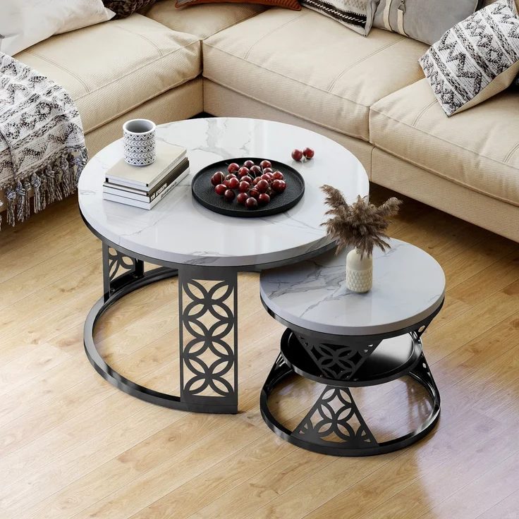 2er-Set Couchtisch nestbar 70x70x45 + 45x45x37 cm, Marmor-Furnier, Metallrahmen, Kontrastdesign – Bild 2