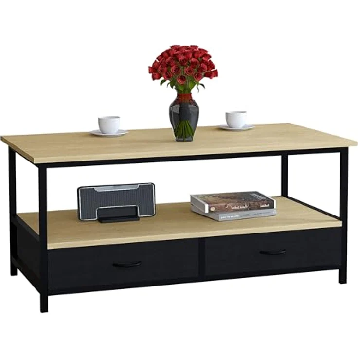 MID.YOU Couchtisch Flonila, rechteckig, Schwarz und Honigeiche, Metall, mit 2 Schubladen, rostfrei, 50x45x100 cm – Bild 1