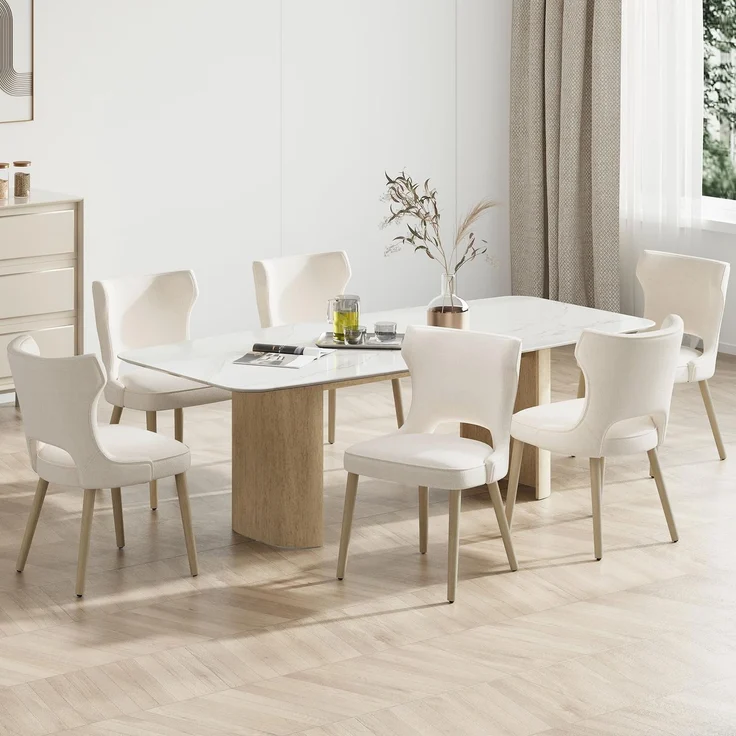 COLAMY Esszimmerstühle 6er Set, Polsternder Stühle Esszimmer mit Rückenlehne, Küchenstühle Gepolstert, Stoff Dining Chairs mit Wingback und Holzbeinen für Esszimmer, Küche, Restaurant, Beige