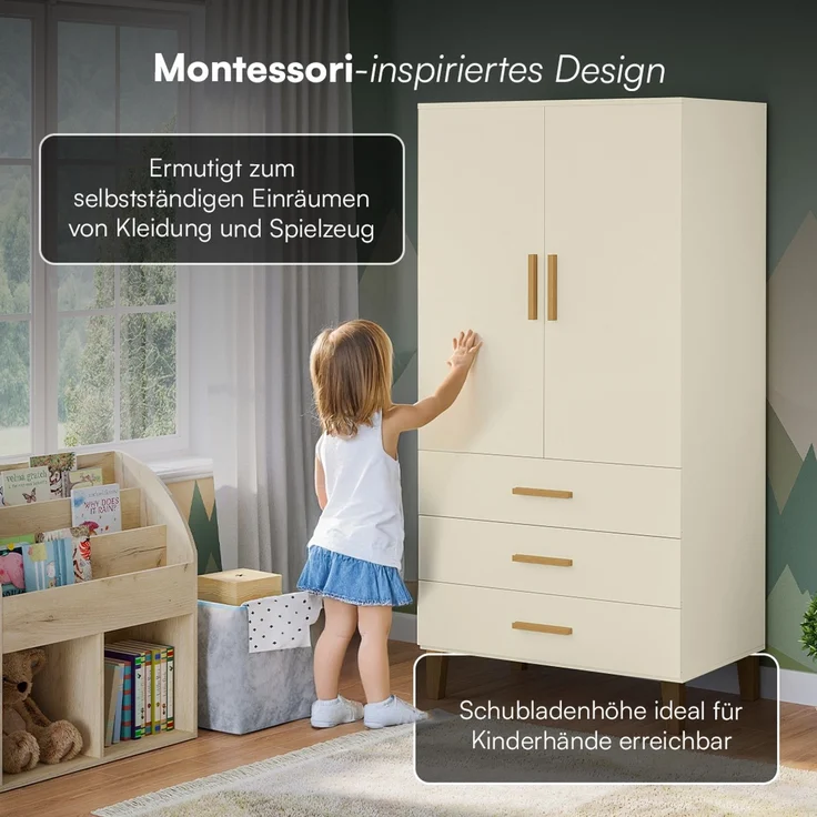 Bellabino 'Liri' Kinderkleiderschrank, beige, Kleiderschrank für Kinderzimmer mit 3 Schubladen und Kleiderstange – Bild 5