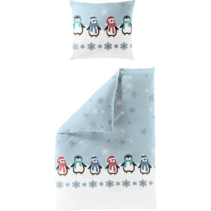 Bierbaum Biber Bettwäsche 135x200 Pinguine Sterne hellblau weiß 4115-20