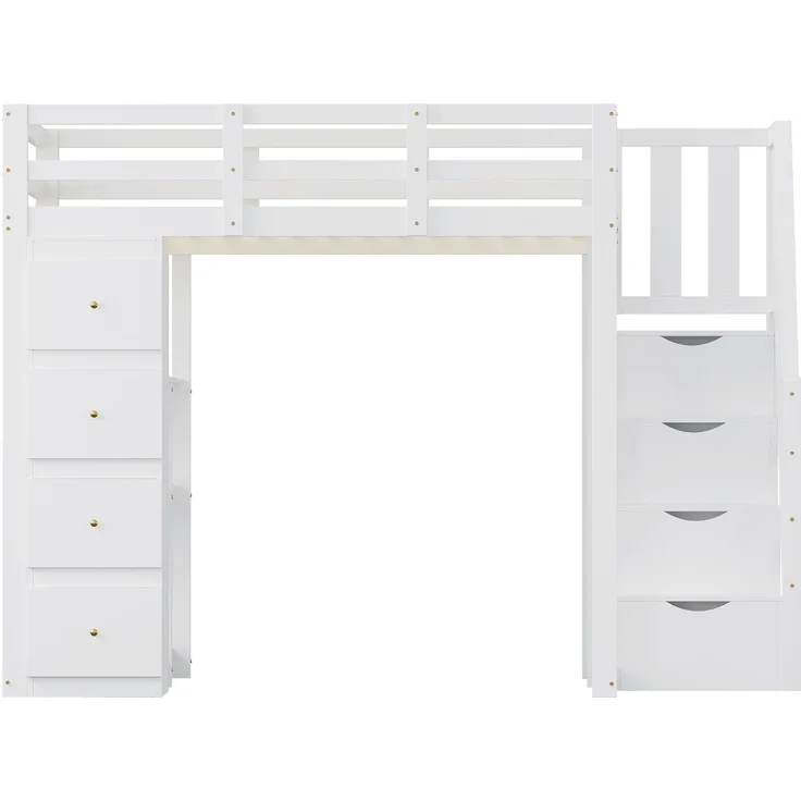 Kinder Hochbett aus Massivholz 140x200 cm mit Sicherheitsleiter, Schubladen & Regal – Stauraumbett, Jugendzimmer,weiß – Bild 8