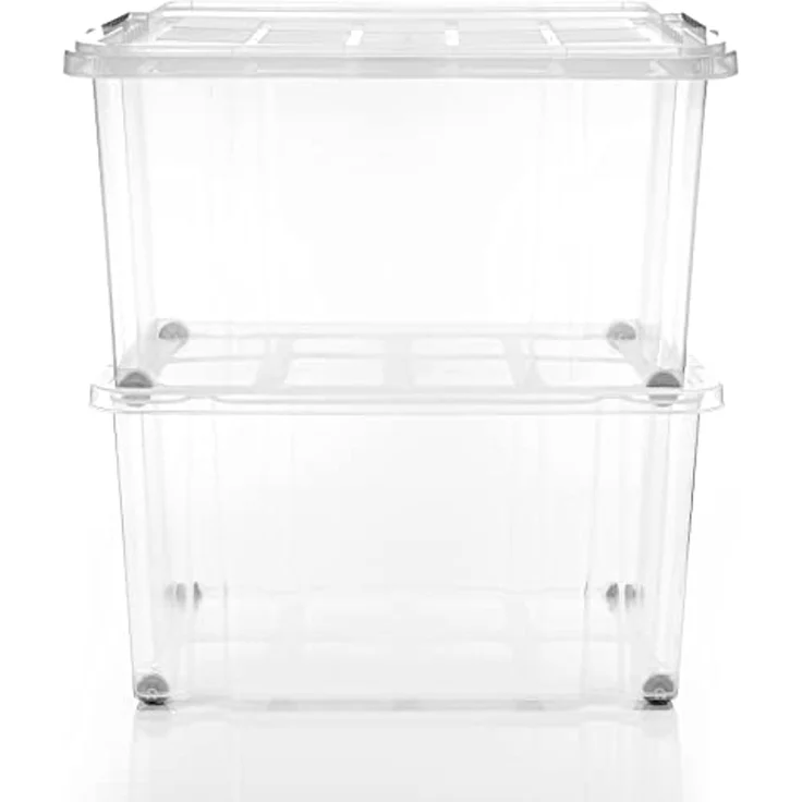 BigDean 4 Stück 60 L Aufbewahrungsbox mit Deckel groß transparent - stapelbare robuste Box - rollbare Stapelbox mit festen Klickverschlüssen - Made in Germany – Bild 6