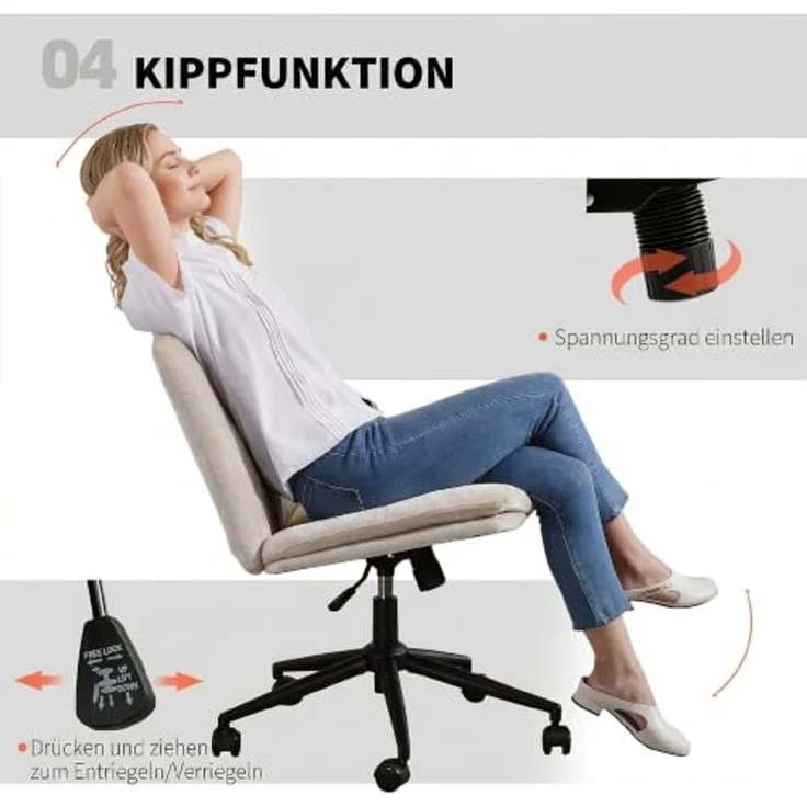 HOMCOM Homeoffice Stuhl Höhenverstellbar Drehstuhl Bürostuhl Beige | Schreibtischstuhl, Leinenoptik, Schneidersitz-Stuhl, Wippfunktion, Breiter Sitz, Rollen, Schminkstuhl, Schlafzimmer – Bild 7
